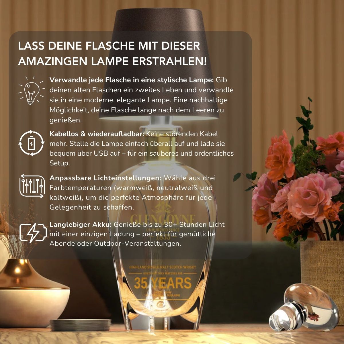 Serenosole™ BottleBright Flaschenlampe | Verwandelt jede Flasche in eine atemberaubende, kabellose Lampe | Schlaueste Leuchtflasche 2024