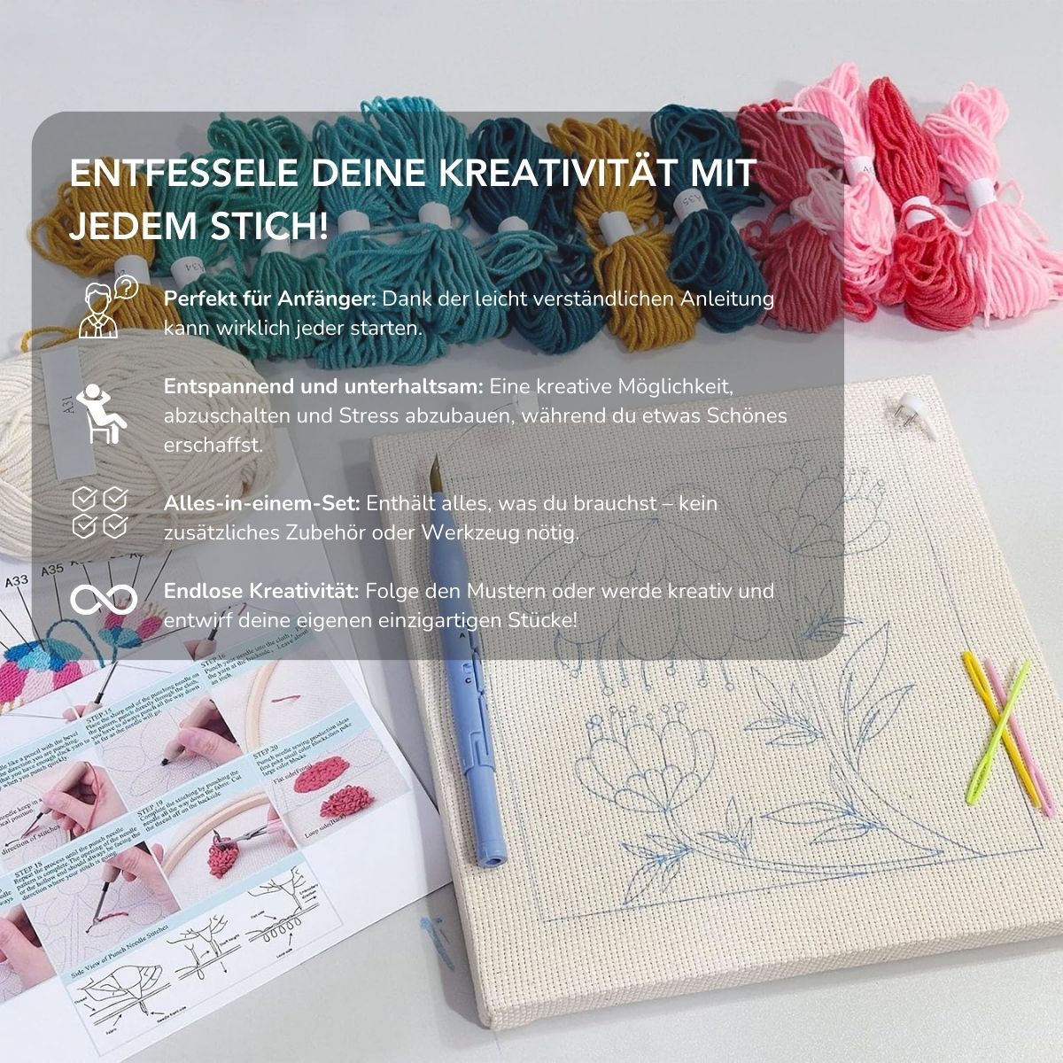 Serenosole™ ArtfulStitch | Dein kreativer Weg aus Stress &amp; Erschöpfung – Finde Ruhe, Stich für Stich | + GRATIS Komplettset